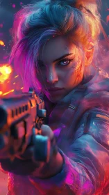 Woman with neon hair aims shotgun in close combat stance