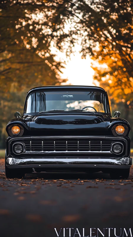 Classic black pickup truck parked under autumn trees.