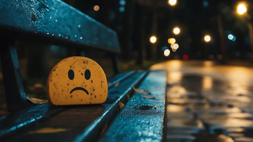 Yellow sad face object on wet park bench at night.
