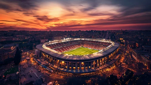 Sunset aerial panorama of illuminated urban football stadium.