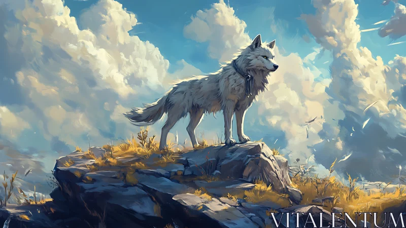 Wind-sculpted white wolf surveying stratocumulus skyline.