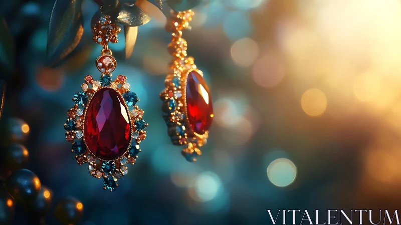 Regal ruby drop earrings in golden bokeh jewel lighting.