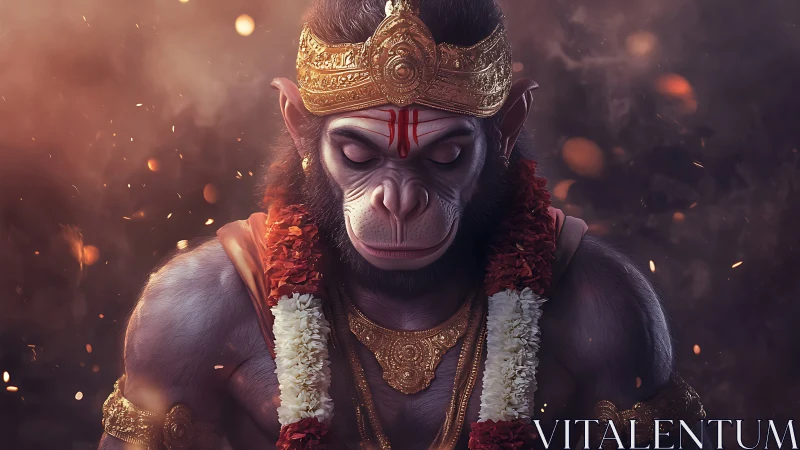 Serene monkey warrior in golden crown and warm garlands.