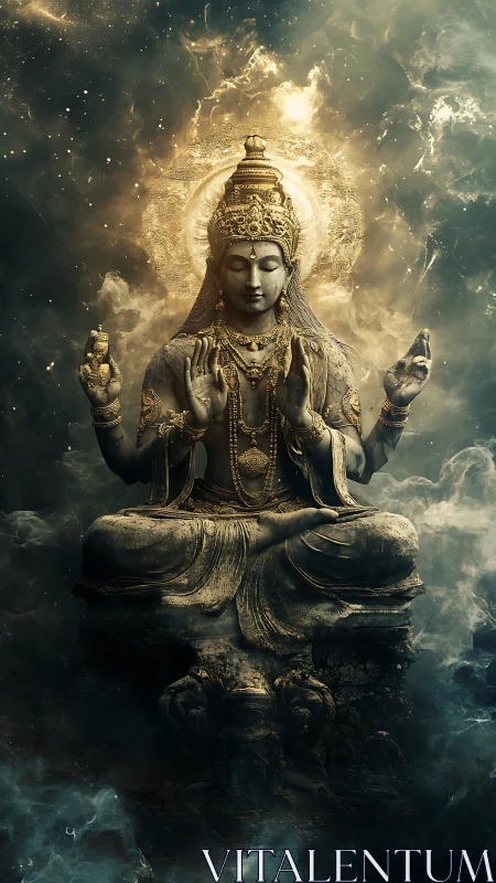 Starlit stone deity drifting in a nebula of silent prayers.