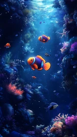 Clownfish swim through dense coral reef under blue light