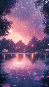 Rainfall over glowing lake at sunset with umbrellas
