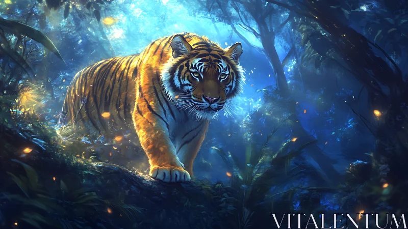 Tiger stalks through bioluminescent blue jungle nightscape.