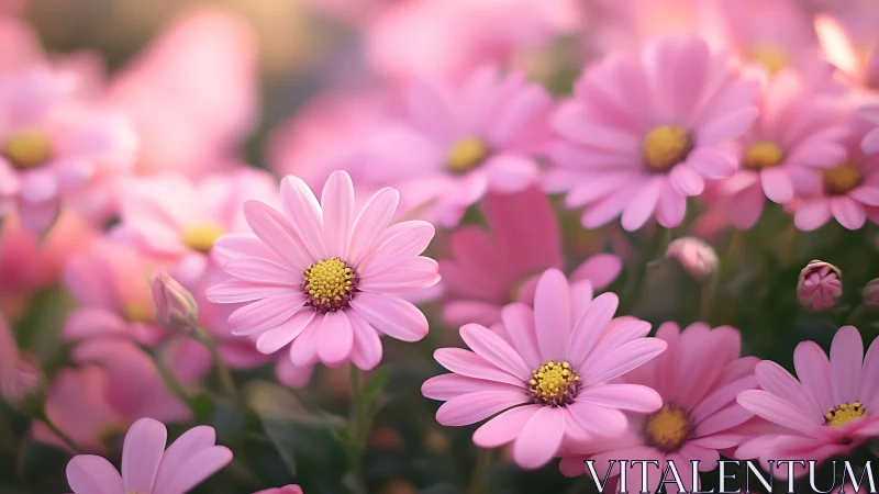 Pink daisy flowers with yellow centers in shallow focus garden scene.