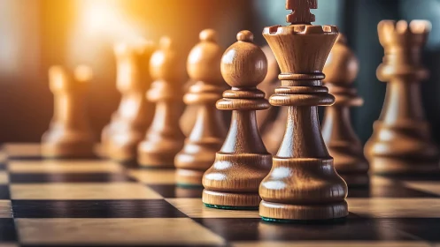 Shallow depth of field isolates wooden chess king in warm bokeh