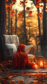 Cozy autumn chair glows with candlelight in a quiet forest