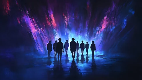 Silhouetted figures walking toward glowing neon portal.