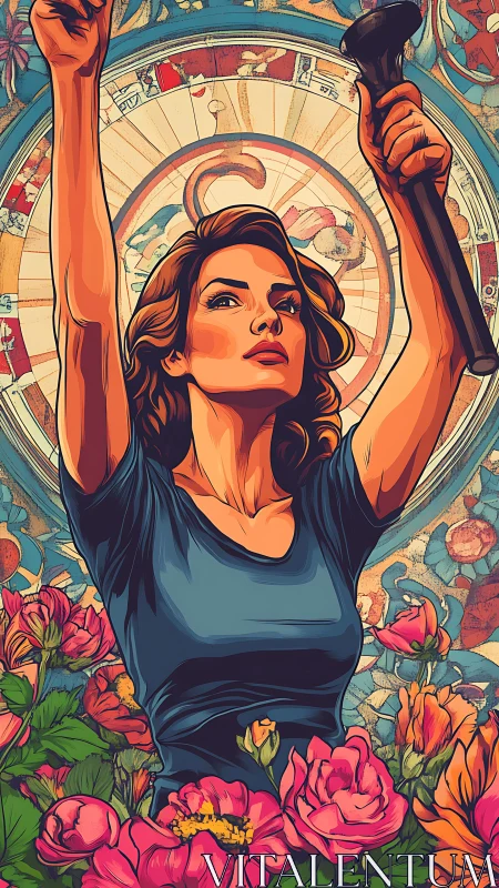 Defiant woman rises amid florals against radiant mural circle