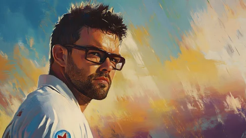 Dynamic male portrait uses expressive brushwork and warm backlighting