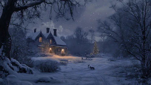 Snowy cottage glows softly in a peaceful winter forest night