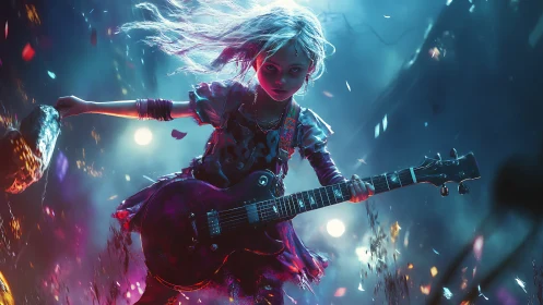 Cyber-occult girl guitarist advances through neon-lit particle storm