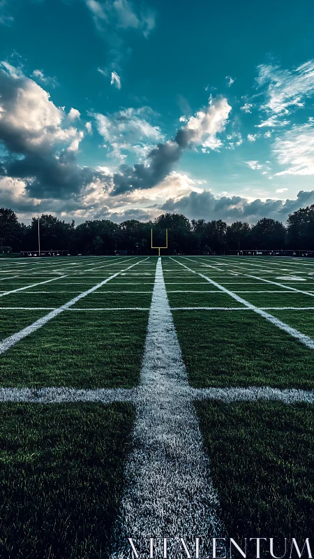 Empty football field under dramatic sunset sky perspective.