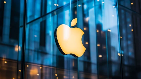 Illuminated apple-shaped logo hangs before glass facade