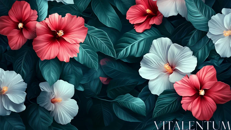Crimson and white hibiscus flowers with teal foliage arrangement