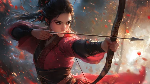 Focused archer in crimson robes amid swirling embers.