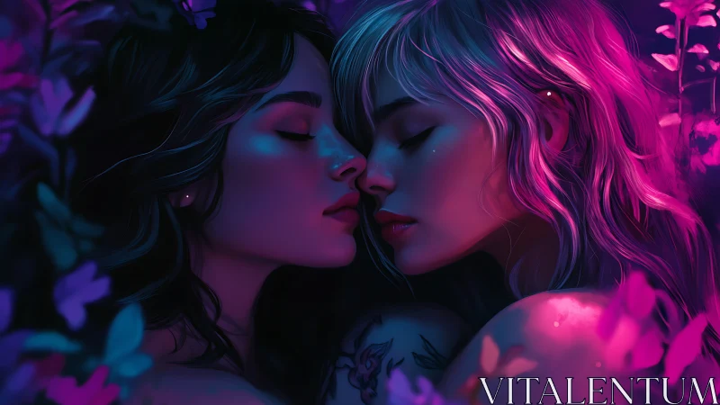 Neon Reverie: Twin Figures in Luminous Botanical Solitude.