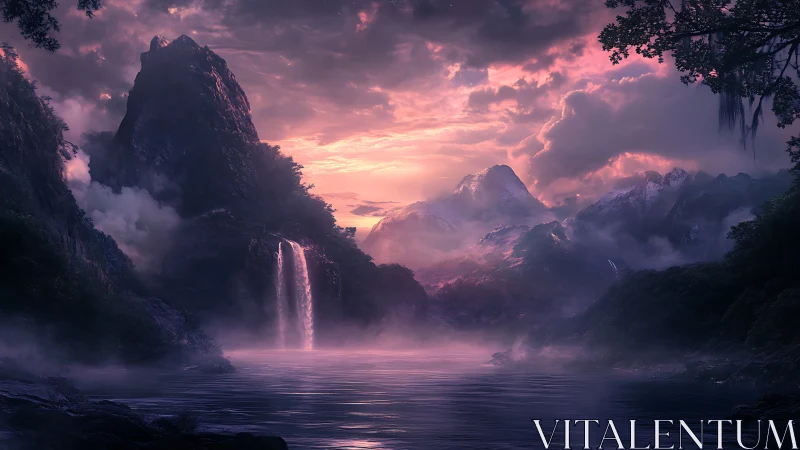 Mystic mountain waterfall under glowing twilight sky.