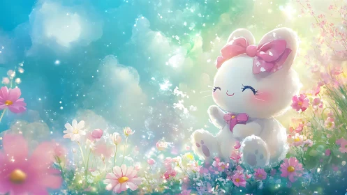 Blissful bunny daydream in a pastel flower meadow.