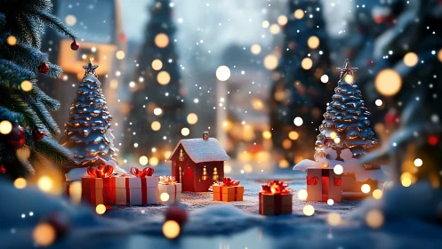 Snowy Christmas village glows with lights and wrapped gifts