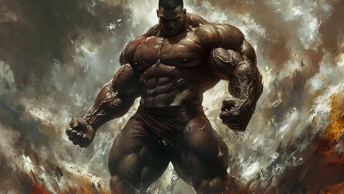 Colossal hyper-muscular warrior amid explosive dust storm