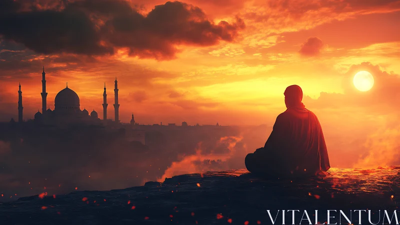 Solitary cloaked figure watching mosque at blazing sunset.