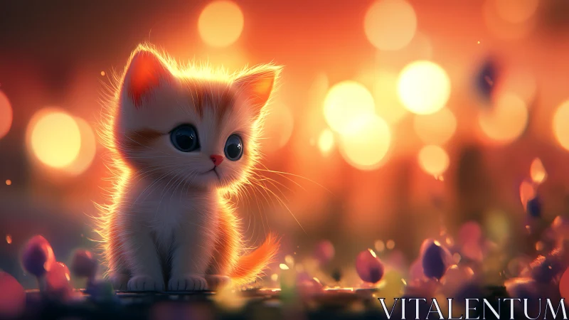 Luminous kitten surrounded by warm bokeh light.
