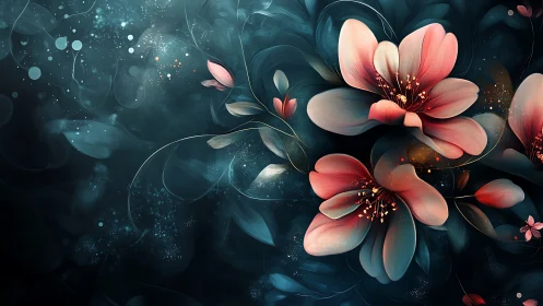 Digital Floral Illustration with Pink Blossoms and Dark Blue Background