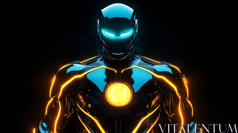 Neon armored guardian glowing against the deep night sky.