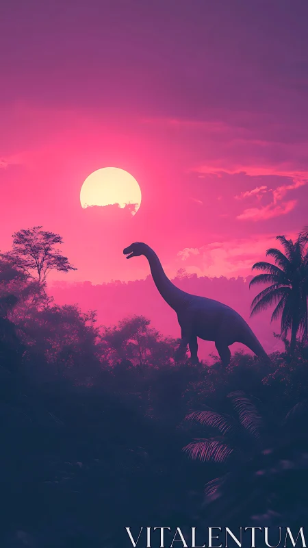 Gentle dinosaur wanders under a glowing neon pink sunset sky