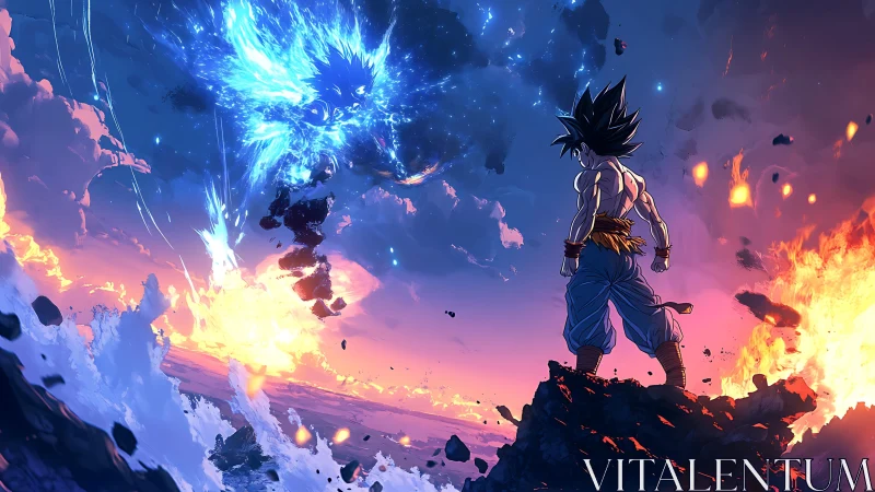 Warrior facing blue energy creature in fiery sky duel.