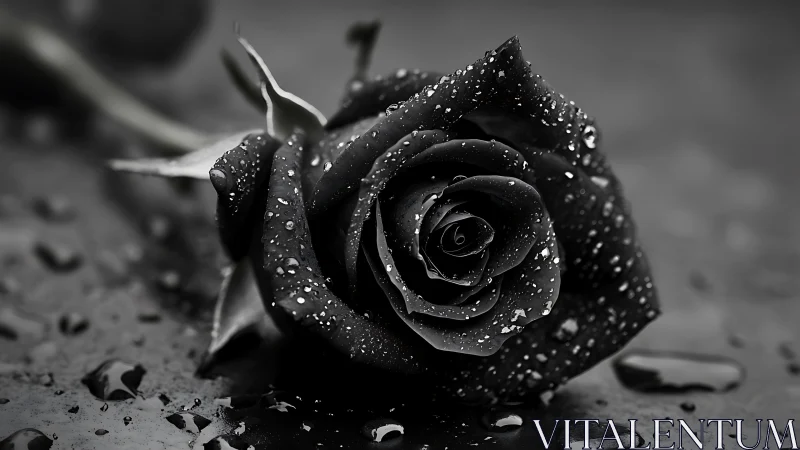Glistening black rose in monochrome close-up study.