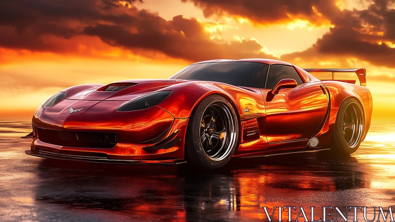 Chromed red supercar reflects blazing sunset sky glow.