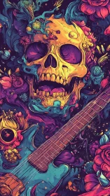 Psychedelic skull and electric guitar merge in swirling neon flora