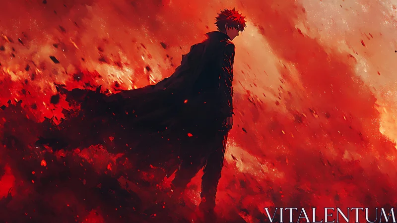 Solitary anime warrior in ember storm, long coat silhouette