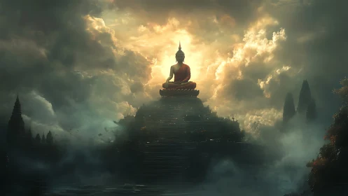 Buddha statue on stepped temple amid dense clouds and light.