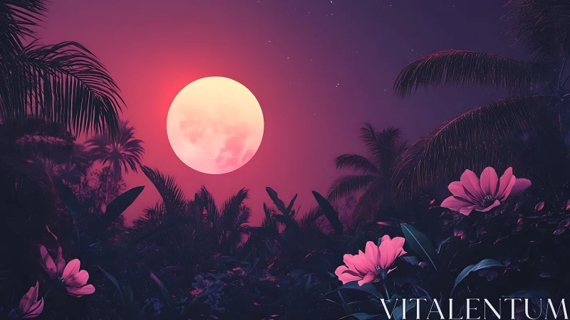 Pink full moon over tropical palms and flowers at night.