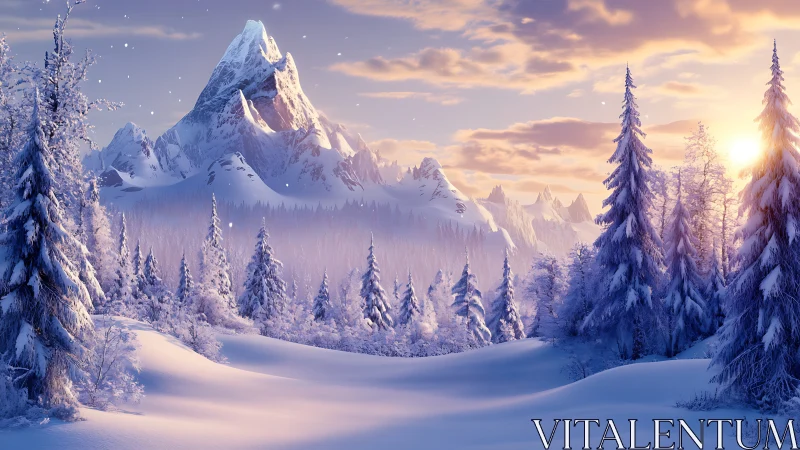 Snow-covered conifer forest lies below distant alpine peaks