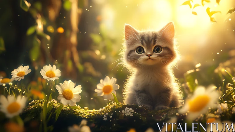 Kitten positioned among daisy flowers with backlit atmospheric lighting.