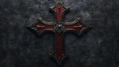Gothic red metal cross with ornate beveled relief detailing.