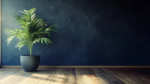 Sunlit potted palm bringing calm into a modern cozy corner.