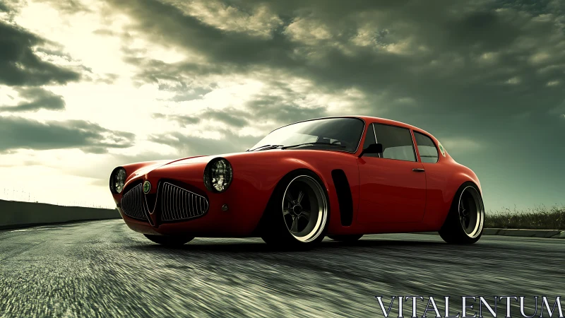 Low-slung red sports coupe on moody open highway at dusk.