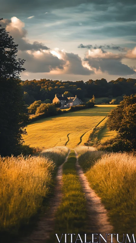 Photorealistic country lane leading to farmhouse at golden hour.