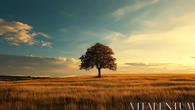 Solitary field sentinel under a slow-burning golden sky.
