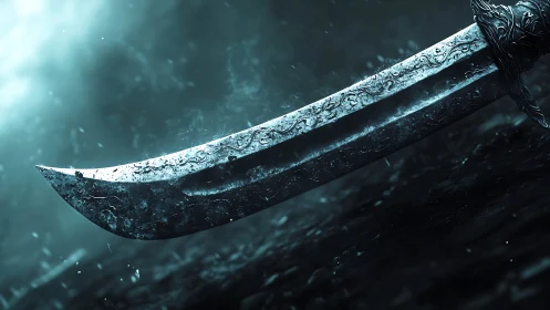 Ornate curved sword blade shown in close cinematic focus