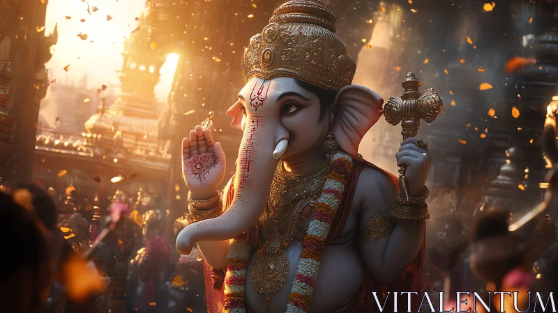 Digital painting of ornate Ganesha idol amid radiant temple procession.