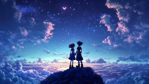 Skybound hearts drift above stargazing duo at dawn’s edge.